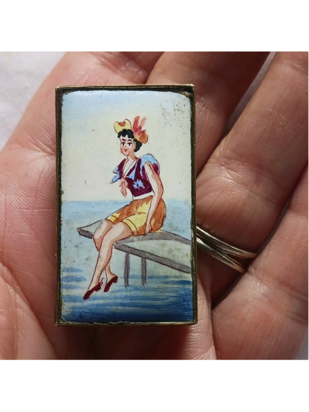 Brass VESTA Match Safe Holder Case w/ Enamel Pin-Up Girl Bathing Beauty French